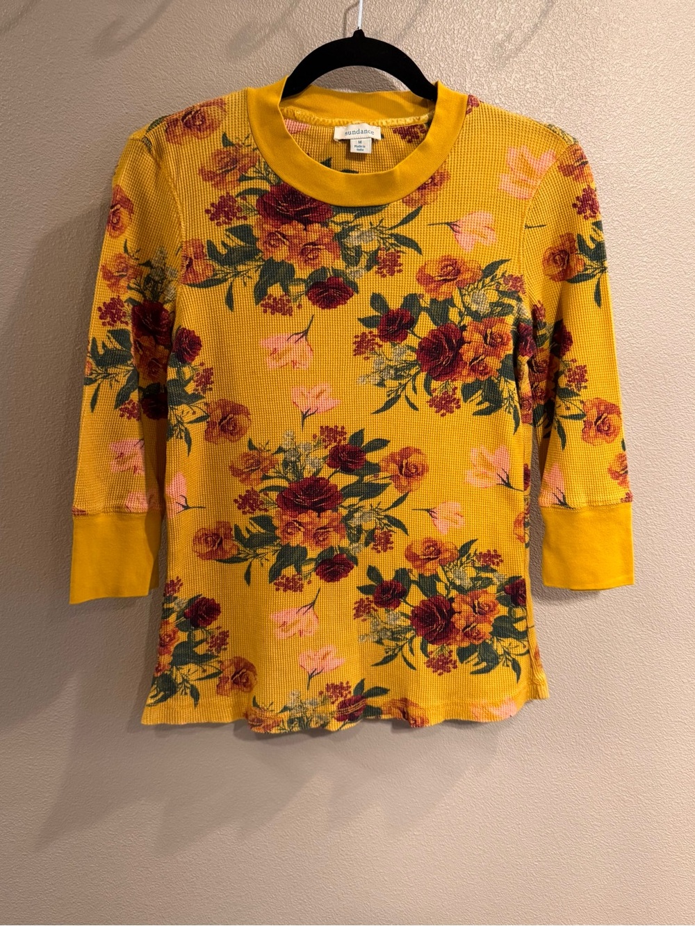 Sundance Mustard Floral Waffle 3/4 Sleeve Tee